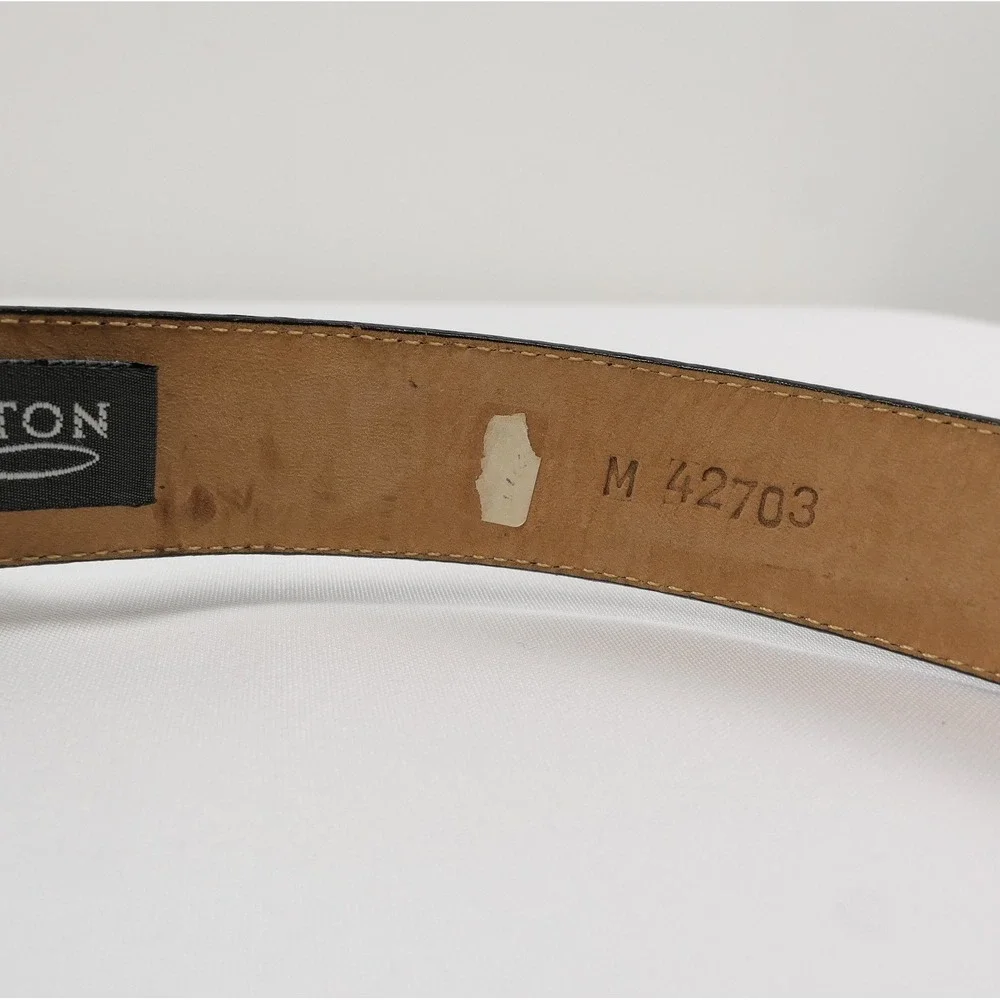 VTG Brighton Black Leather Croc Belt Amber Inlay Embossed Silver Buckle '96‎ USA
